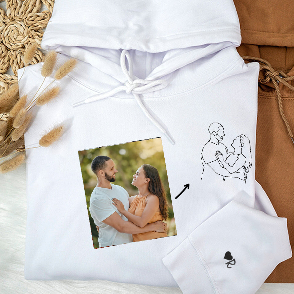 Custom Embroidered Photo Hoodie, Personalized Couple Portrait Sweatshirt, Unique Couple Hoodie Gift - mymatchhoodie